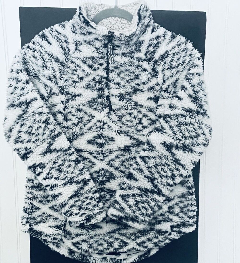 Cozy Sherpa Women's Quarter Zip Teddy Fleece Pullover Black White Size Medium